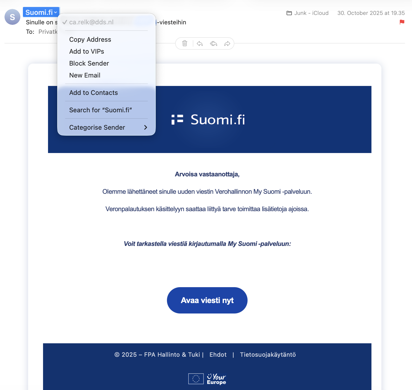 Kuvakaappaus Suomi.fi-huijaussähköpostista, jossa lähettäjän todellinen osoite on ca.relk@dds.nl