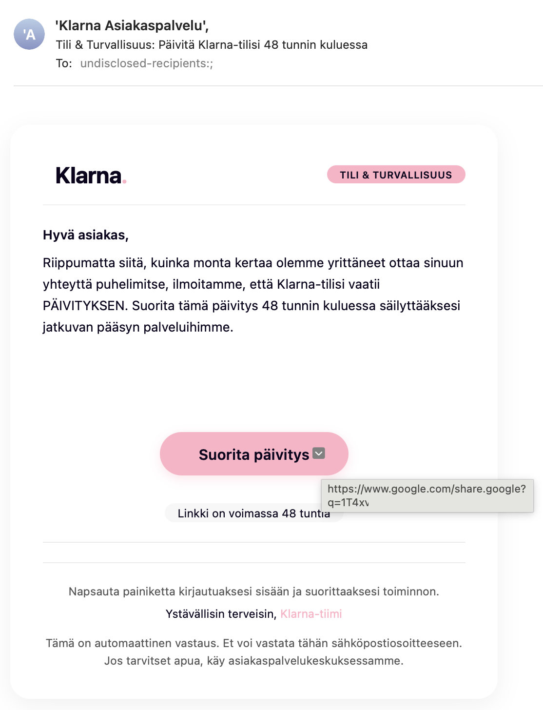Kuvakaappaus Klarna-nimissä lähetetystä huijaussähköpostista